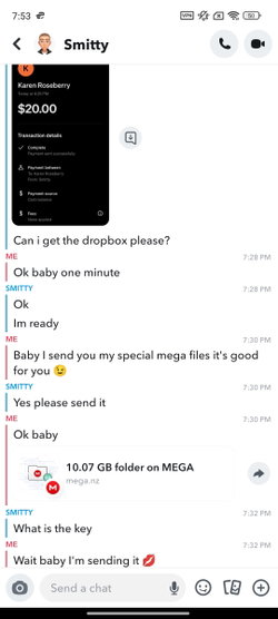 Screenshot of a messaging app conversation between two users discussing payment and file sharing via MEGA.