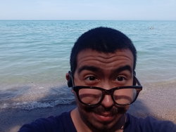 Man with short dark hair and glasses takes a selfie at the beach, wearing a blue shirt with ocean waves behind him.