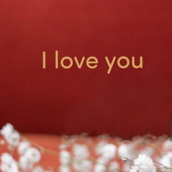 Red background with gold text 'I love you' and white flowers at the bottom.
