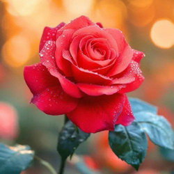 A close-up of a red rose with water droplets on its petals in soft lighting.
