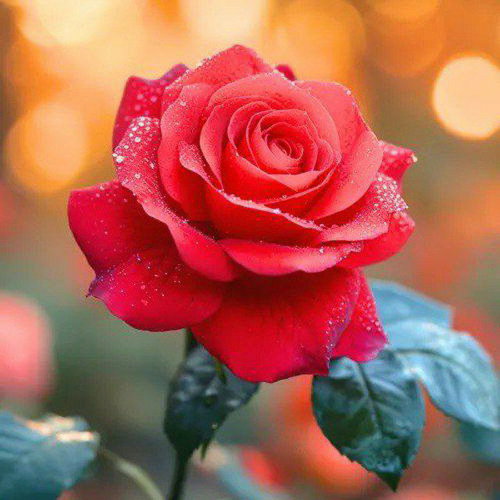 A close-up of a red rose with water droplets on its petals in soft lighting.