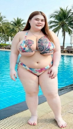 Curvy woman in a floral bikini stands by a pool with palm trees in the background, smiling at the camera.