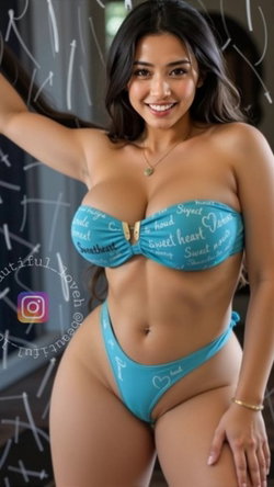 Smiling woman with dark hair in a blue lingerie set, posing indoors with one hand on her hip.