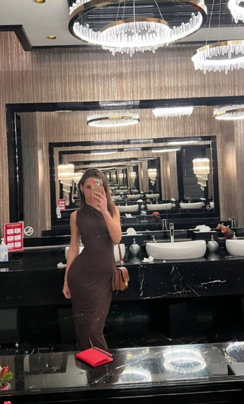 Slim woman in a tight brown dress poses for a mirror selfie in an elegant restroom.