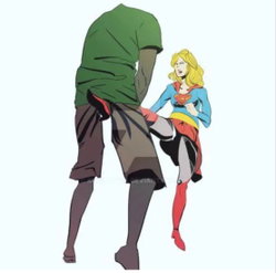 A man in a green shirt and shorts pulls up a blonde woman's red dress.