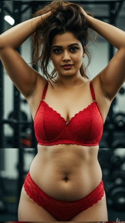 Curvy woman in red lace lingerie poses in a gym, hands in hair, looking at camera.