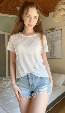 A young woman with long hair stands in a bedroom wearing a ripped white t-shirt and denim shorts.