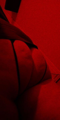 Close-up of a person's lower body in red lighting, wearing dark underwear, lying on a red surface.