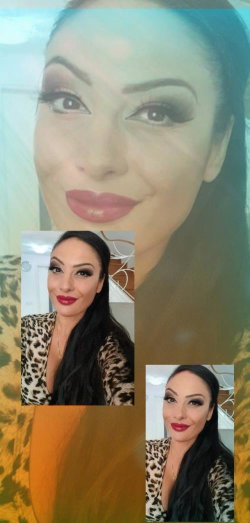 Woman with long dark hair and bold makeup, wearing a leopard-print top, smiling in a selfie-style photo collage.