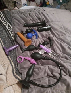 Various sex toys including vibrators, dildos, and suction devices arranged on a gray quilted bedspread.