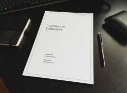 A document titled 'Contract of Submission' lies on a dark desk beside a pen, wallet, and notebook, suggesting a formal