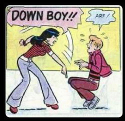 Cartoon woman in red striped shirt and jeans slaps a kneeling man in a pink jacket, both with exaggerated expressions.