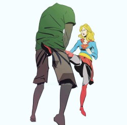 Cartoon illustration of a blonde woman in superhero costume kicking a man from behind; stylized, not photorealistic.