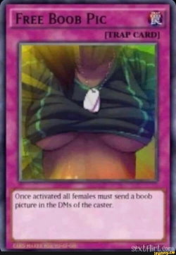 Anime-style trap card featuring a female character with large breasts partially exposed under a striped top, wearing a
