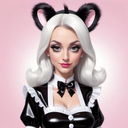 A stylized anime-style woman with white hair and cat ears, wearing a black and white maid outfit against a pink