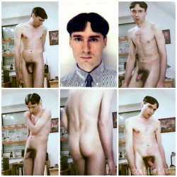 Six-panel collage of a slim, shirtless man with dark hair in various poses, some showing genitalia, in an indoor
