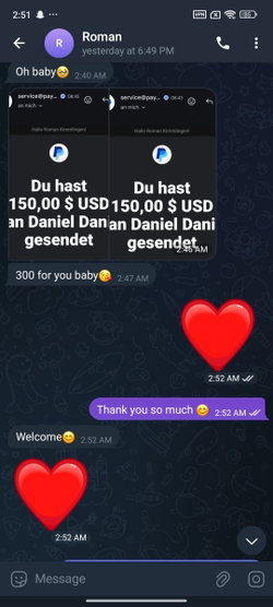 Screenshot of a messaging app conversation with payment confirmations and affectionate messages, no person visible.
