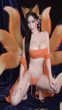 A curvy Asian woman with long brunette hair kneels in orange outfit with fox ears and tails.