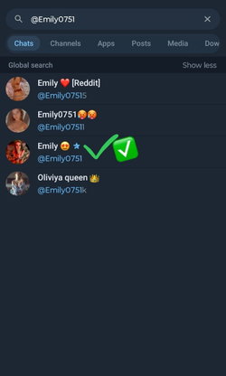 A Telegram app search results page for the username Emily0751.