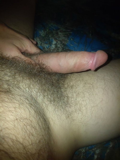 Close-up of a man's erect penis being held, with pubic hair visible and a dark patterned fabric in the background.