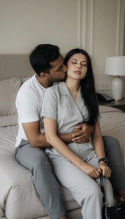 Woman with long dark hair in gray outfit sits on bed with man embracing her.