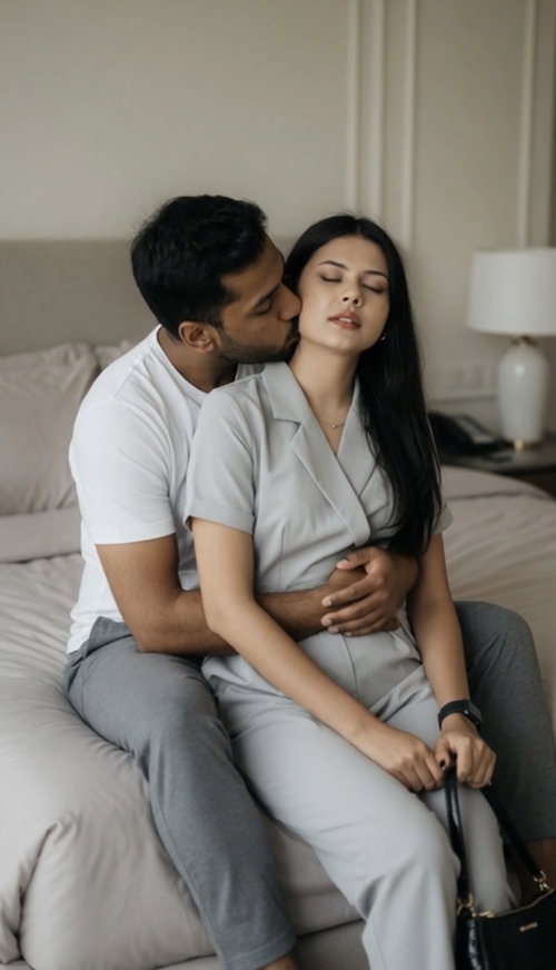 Woman with long dark hair in gray outfit sits on bed with man embracing her.