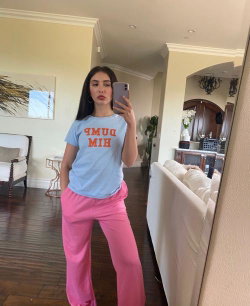 Brunette woman in a light blue t-shirt and pink pants takes a mirror selfie in a well-lit living room.