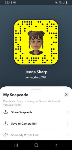 A cartoon-style Snapcode with a brown-haired avatar in a black top, displayed on a mobile screen interface.