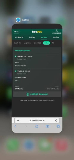 Screenshot of a mobile Safari browser showing the bet365 sports betting app with settled bets and account balance.