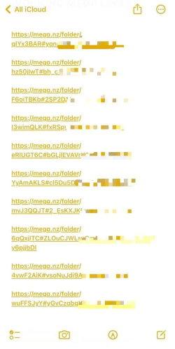 Screenshot showing a list of Mega.nz folder links with partially obscured URLs, likely shared via messaging app.