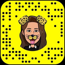Cartoon-style avatar with long brown hair, leopard ears, and a cat face filter on a yellow Snapchat QR code background.