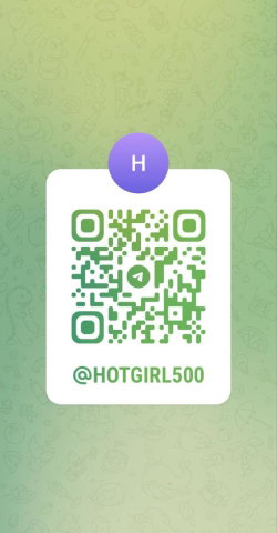Green gradient background with cartoon doodles, featuring a QR code and username @HOTGIRL500 under a purple circle with
