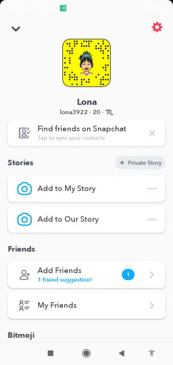 Snapchat profile page showing a Bitmoji avatar with dark hair and a yellow Snapcode, no real person visible.
