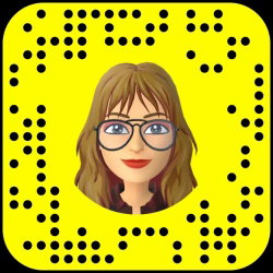 Cartoon avatar of a woman with brown hair, glasses, and red lips on a yellow Snapchat Snapcode background.