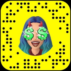 Animated avatar with blue hair, red devil horns, dollar sign eyes, and a lip ring on a yellow Snapchat code background.