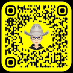 Person in a cowboy hat and glasses on a yellow QR code background.