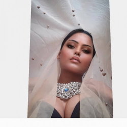 A woman with dark hair and dramatic makeup wears a sparkling choker and sheer veil, posing closely in a black top.