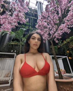 Brunette woman in red bikini top poses under blooming pink trees in a lush indoor garden setting.