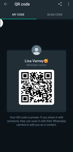 WhatsApp QR code screen for contact Lisa Varney, no person or body visible.