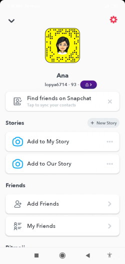 Snapchat profile page with a cartoon avatar of a woman with dark hair and a white top, no real person visible.