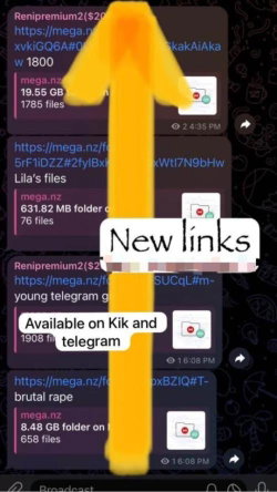 Screenshot of chat messages with Mega.nz links, text overlays, and a yellow arrow pointing upward.