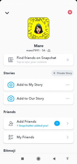 Snapchat profile page with Bitmoji avatar, username Mare, and friend options. No real person visible.