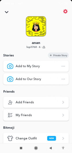 Snapchat profile screen showing a Bitmoji avatar with dark hair and a crown, no real person visible.