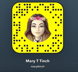 Cartoon avatar of a woman with long brown hair and a floral headband, set inside a yellow Snapchat QR code.