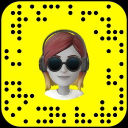 A cartoon avatar with red hair, sunglasses, and headphones on a yellow Snapchat Snapcode background.