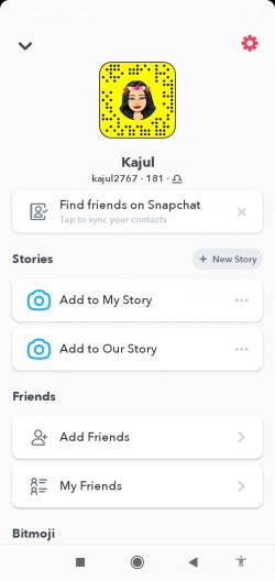Snapchat profile page with a Bitmoji avatar of a woman with dark hair and floral headband, no real person visible.