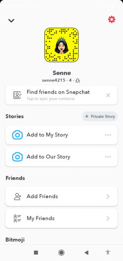 Snapchat profile page with a Bitmoji avatar of a woman with dark hair and a crown, no real person visible.
