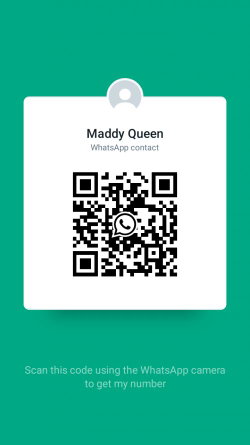 WhatsApp contact card for Maddy Queen with a QR code on a teal background.