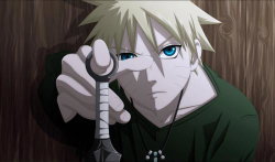 Anime character with spiky blonde hair and blue eyes holding a knife, wearing a dark green shirt against a wooden